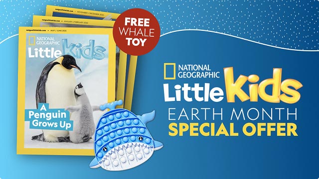 National Geographic Little Kids Earth Month Special offer featuring a penguin magazine cover and free pop-it whale toy.
