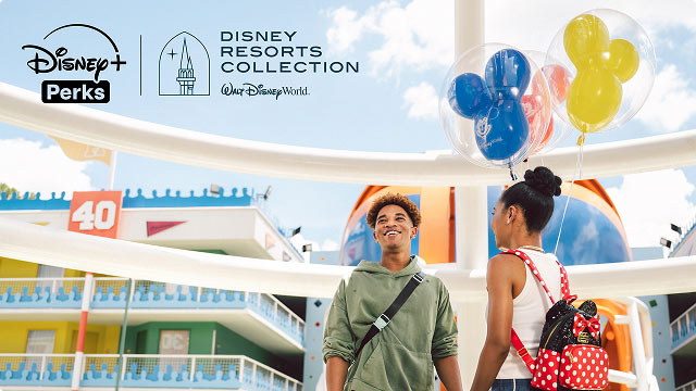 Two guests smile with Mickey balloons at Walt Disney World's Pop Century Resort, beneath logos for Disney Plus Perks and Disney Resorts Collection.