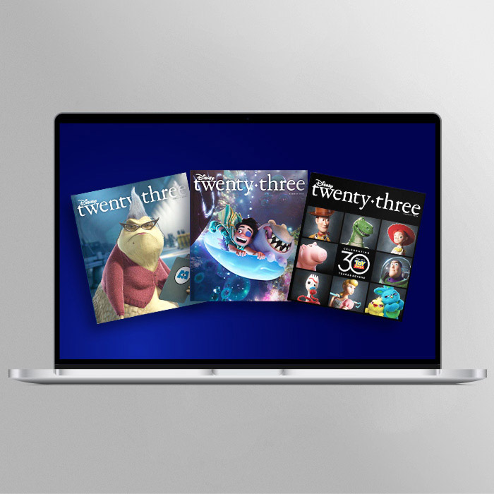 Three covers of Disney Twenty-three magazine featuring Pixar Characters including Rob from Monsters, Inc., Luca and Alberto, and Toy Story favorites.
