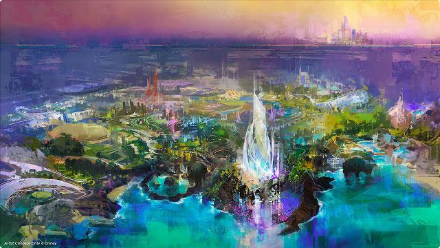 Colorful panoramic concept art of a futuristic Disney theme park with lush landscapes, water features, and glowing architecture.