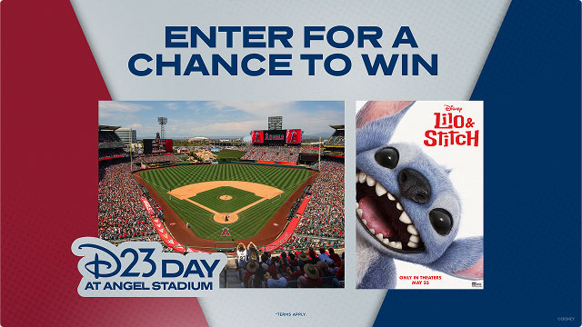 Lilo & Stitch promo with a D23 Day at Angel Stadium sweepstakes graphic featuring Stitch and a baseball stadium packed with fans.