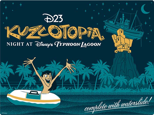 D23’’s Kuzcotopia Night at Disney’s Typhoon Lagoon with Cuzco in an inner tube, under a night sky with a waterslide backdrop.