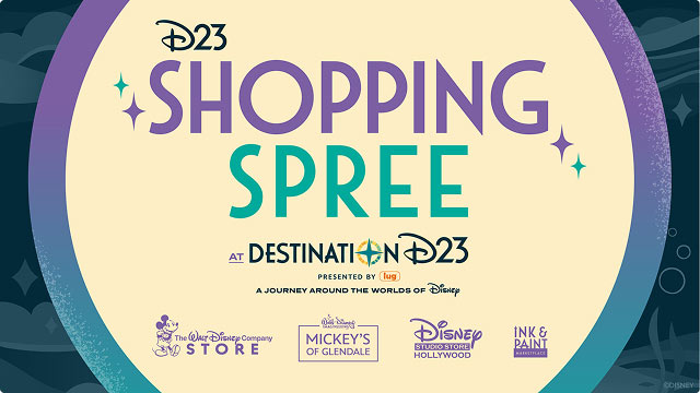 D23 shopping spree for Destination D23 featuring logos from The Walt Disney Company Store, Mickey’s of Glendale, Ink & Paint, and more.