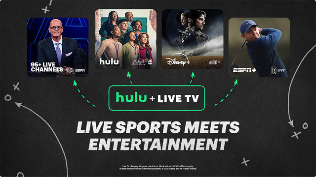 Promo for HULU + Live TV featuring ESPN+, Disney+, ABC, and over 95 channels with content from sports, news, and entertainment.