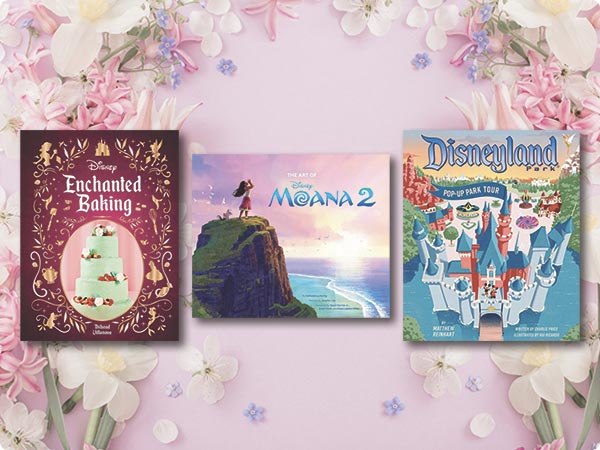 Three Disney books displayed against a floral background: Enchanted Baking, Moana 2, and Disneyland Pop-Up Park Tour.