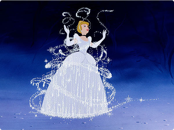 Cinderella’s gown materializes in shimmering white as fairy-tale magic swirls sparkle against deep blue.