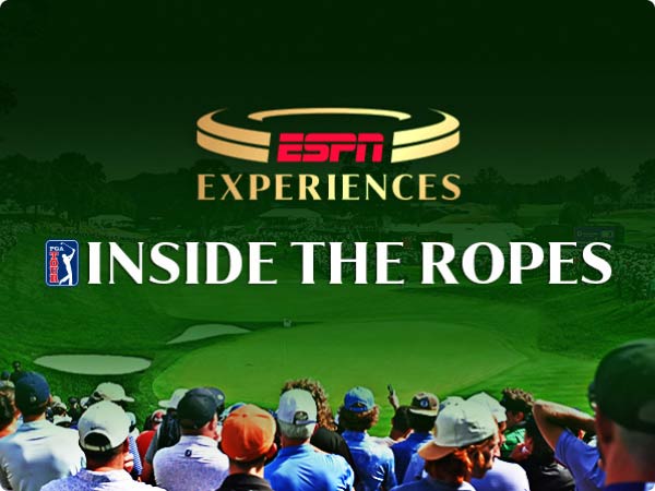 ESPN Experiences “Inside the Ropes” logo over lush golf course as spectators watch from fairway