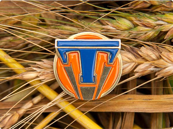 Tomorrowland blue “T” logo pin on an orange circle, resting among golden wheat stalks.
