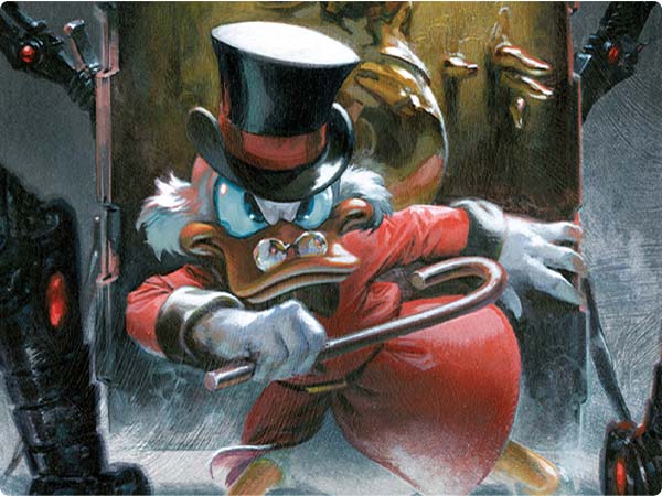 Dynamic painting of Scrooge McDuck- top hat, red tailcoat, cane poised for action