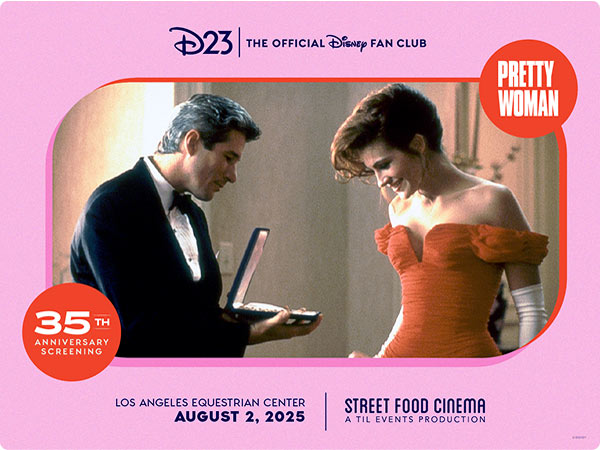 D23 Pretty Woman 35th Anniversary - Edward offers jewelry box to Vivian in iconic red gown, Los Angeles Equestrian Center August 2 2025
