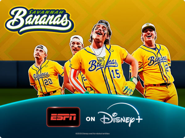Savannah Bananas baseball players in bright yellow jerseys with “ESPN on Disney Plus” banner below.