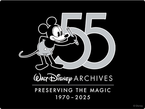 Walt Disney Archives 55 logo-classic Mickey draws a giant “55,” “Preserving the Magic 1970-2025”