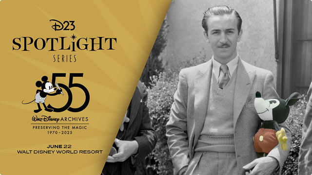 D23 Spotlight Series-vintage photo of Walt Disney holding a Mickey plush beside the Archives 55 crest; event June 22, Walt Disney World Resort.