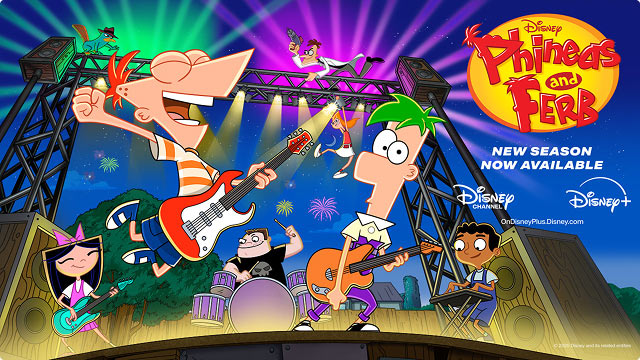 Phineas and Fern rock band on a neon-lit stage- new season now available