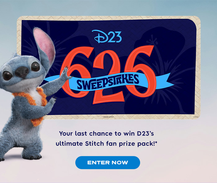 Stitch points at a banner reading “D23 626 Sweepstakes,” with copy below: “Your last chance to win D23's ultimate Stitch fan prize pack!*” below that a blue ENTER NOW button.