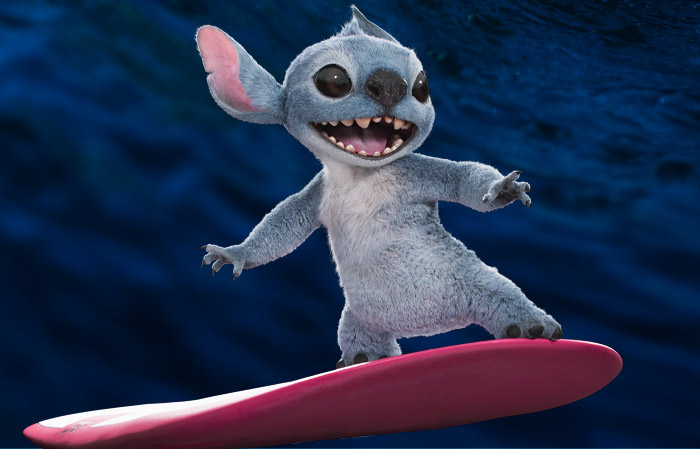 Joyful Stitch surfs a pink board across deep-blue ocean waves