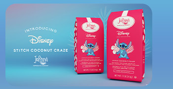 Two pink bags of “Disney Stitch Coconut Craze” Joffrey's Coffee stand beside the headline “Introducing Disney Stitch Coconut Craze”