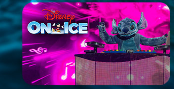 DJ Stitch spins at a lit console under a magenta stage with the glowing logo “Disney on Ice”