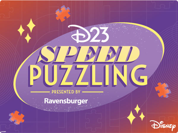 D23 Speed Puzzling — presented by Ravensburger, outlined by puzzle pieces and sparkles.