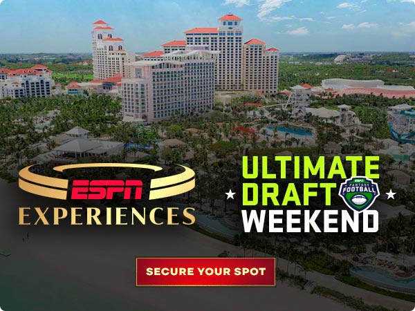 Resort arial with text overlays: Gold ESPN Experiences, neon-green text reading “ultimate Draft Weekend” and red button “”Secure Your Spot”