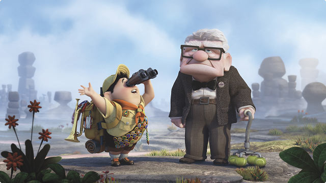 Framed from Pixar's UP: Wilderness explorer Russell scans the horizon with binoculars while grumpy Carl Fredricksen stands nearby with his four-ball cane amid the stone pillars of Paradise Falls.