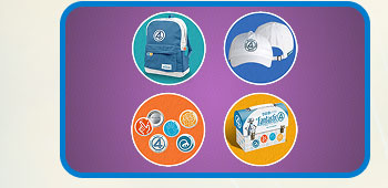 Four circles on purple background: AFantastic Four Cap, Fantastic Four Storage Tin, Fantastic Four Backpack, Five (5) Fantastic Four Button Badges and Two (2) $20 Fandango Promo Codes, each good towards a movie ticket to see Marvel Studios' Fantastic Four: The First Steps in theaters.