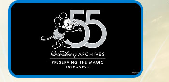 White line-art Mickey leaning on silver “55” above “Walt Disney Archives” and “”Preserving the magic 1970-2025” on black background.