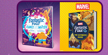 Two book covers side by side. “Fantastic Four Family Matters” on purple cosmic background and Marvel Fantastic Four The Ultimate Guide” on yellow dotted background.