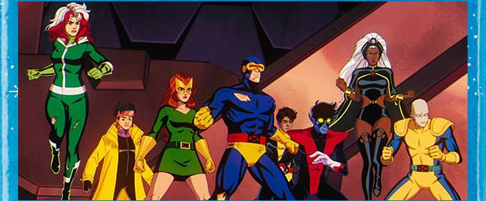 Rogue, Jubilee, Jean Grey, Cyclops, Gambit, Nightcrawler and Storm stand ready in classic X-Men animated series costumes.