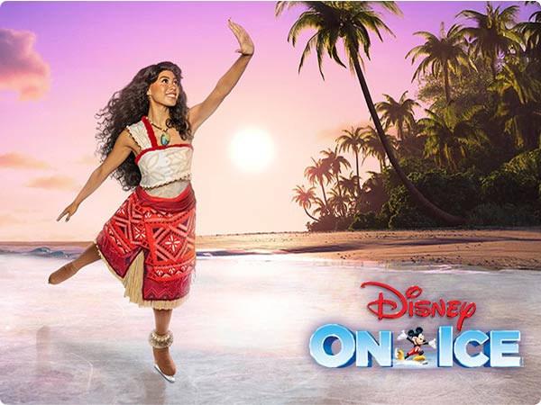 Moana skates across the ice toward sunset-li palm trees; lower rights reads “Disney On Ice” with Mickey icon.