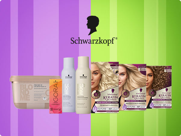 Assorted Schwarzkopf hair products and dye boxes set against pink and green striped background.