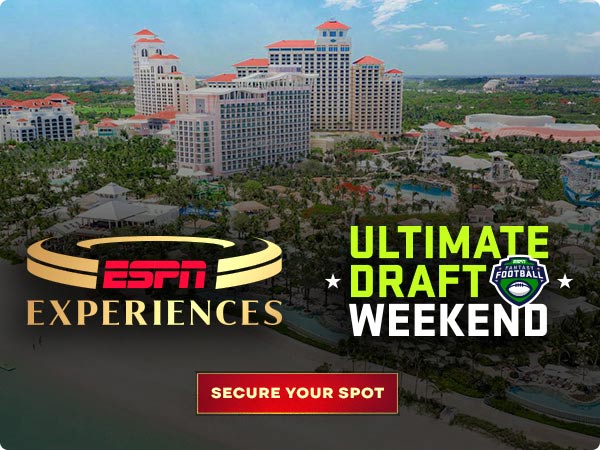 ESPN Experiences and Ultimate Draft Weekend logos over resort backdrop; red button below reads “Secure Your Spot.”
