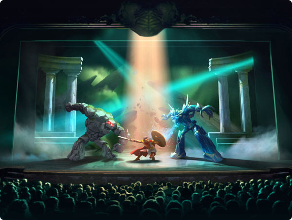 Hercules stage show scene aboard Disney Destiny: armored hero battles two giants under green-blue spotlights.