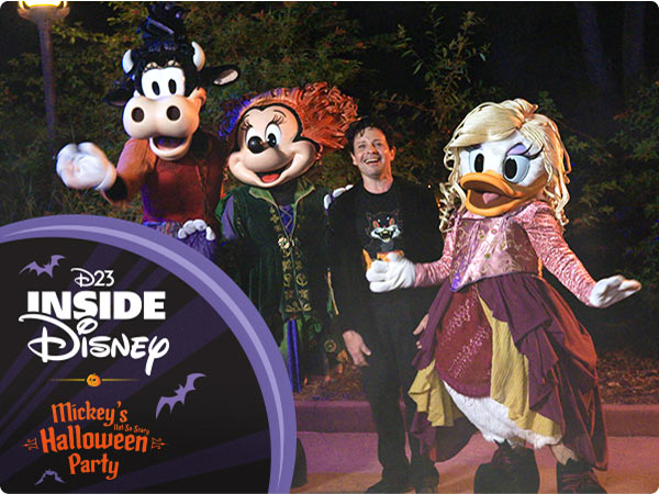 Inside Disney Mickey's Not-So-Scary Halloween Party Clarabelle, Mickey, Daisy, and guest in Halloween costumes.