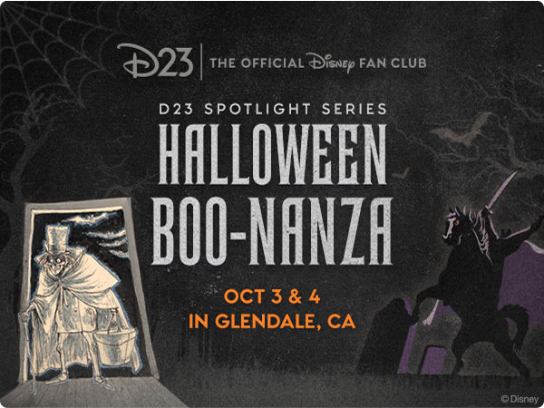 D23 Halloween Boo-nanza event promo with Hatbox Ghost illustration and Headless Horseman silhouette.