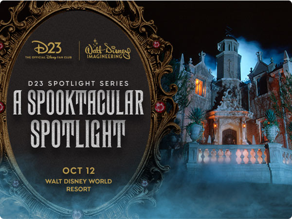 D23 spooktacular Spotlight event promo featuring Haunted Mansion exterior lit at night.