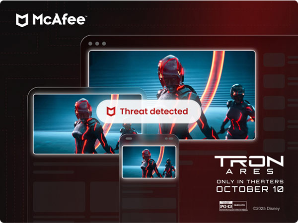 McAffee ad featuring Tron Ares with “Threat Detected” overlay, in theaters October 10.