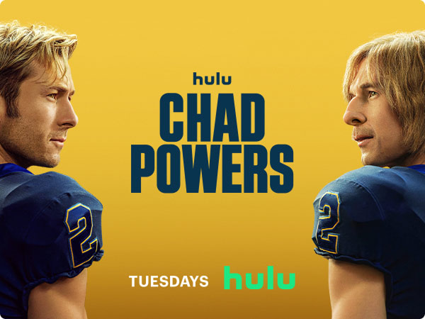Hulu's Chad Powers poster with football players facing each other and series title in bold blue text.