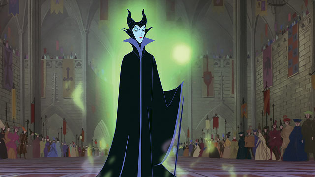 Maleficent from Sleeping Beauty standing in castle hall surrounded by green magical glow.