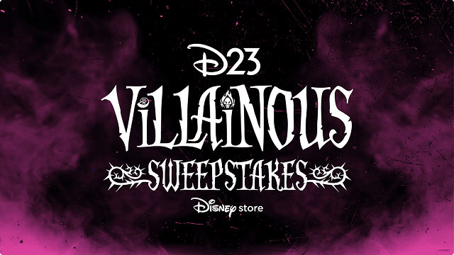 D23 Villainous Sweepstakes logo with purple smoke and Disney Store branding.