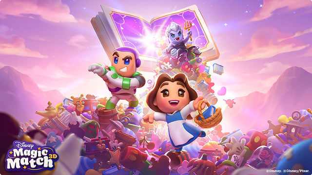 Disney Magic Match 3D artwork featuring Belle, Buzz Lightyear, and Ursula among colorful toys.