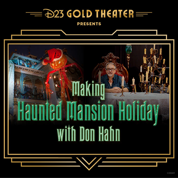 Don Hahn hosts D23 Gold Theater’s “Making Haunted Mansion Holiday” special beside candelabras.