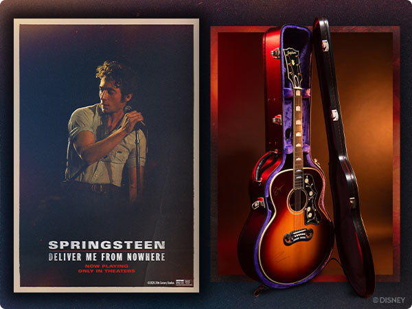 Bruce Springsteen concert photo beside signed guitar promoting Springsteen: Deliver Me From Nowhere. Now Playing only in theaters.