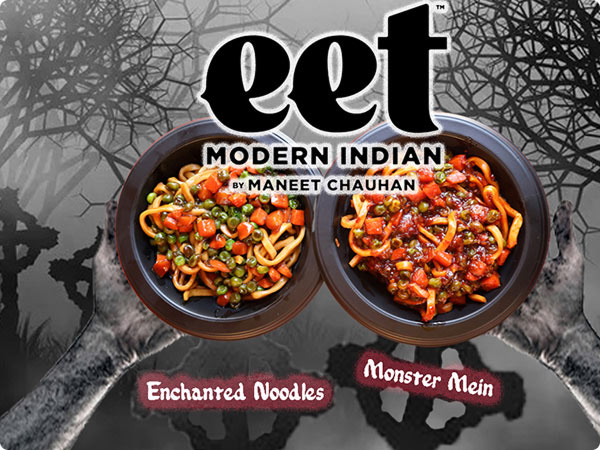 Two bowls of colorful noodles labeled “Enchanted Noodles” and “Monster main” from set by Maneet Chauhan