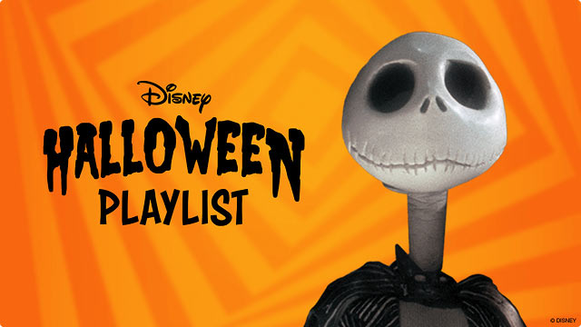 Jack Skellington from The Nightmare Before Christmas  at its right reads, “Disney Halloween Playlist”