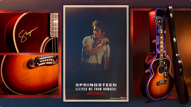 Bruce Springsteen concert photo beside signed guitar promoting Springsteen: Deliver Me From Nowhere. Now Playing only in theaters.