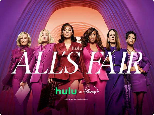 Cast of All’s Fair on Hulu in bold pink and purple outfits beneath archway background.