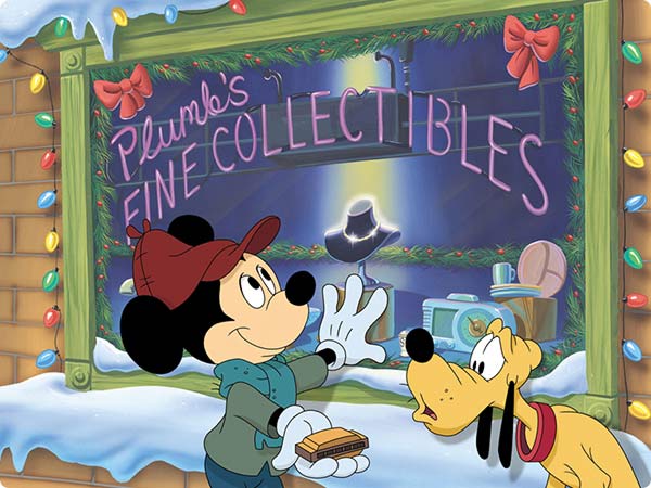 Mickey and Pluto look through a holiday shop window display.