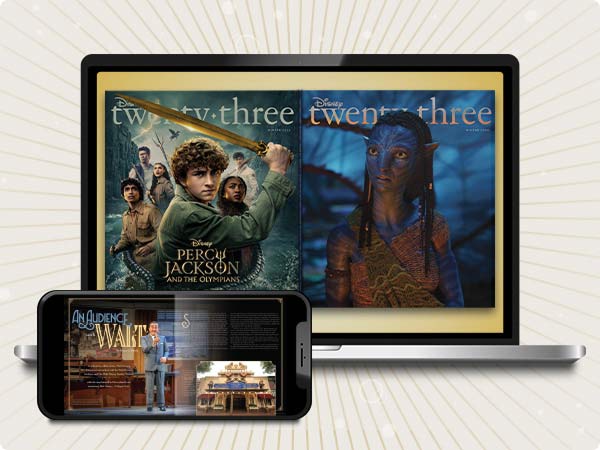 Disney Twenty-three magazine featuring Percy Jackson and Avatar covers, shown on laptop and phone.