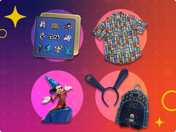 Colorful grid of D23 merchandise including character pins, a patterned button-up shirt, sorcerer Mickey figurine, Mickey-themed headband, and a blue D23 backpack.